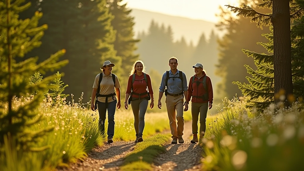 Group of adults hiking on a mountain trail with scenic valley views