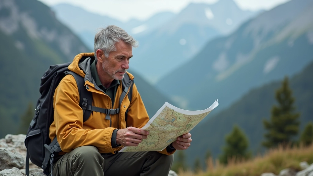 Hiker reading detailed topographic map while sitting on rocky outcrop with mountains in background