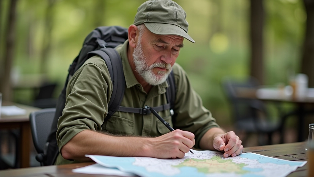 Adult hiker aged 50 examining a detailed topographic map on a wooden table with hiking poles and a water bottle nearby