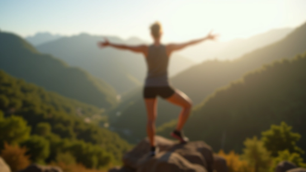 Adult woman aged 45 performing a hiking-related stretch in outdoor setting with mountains in background