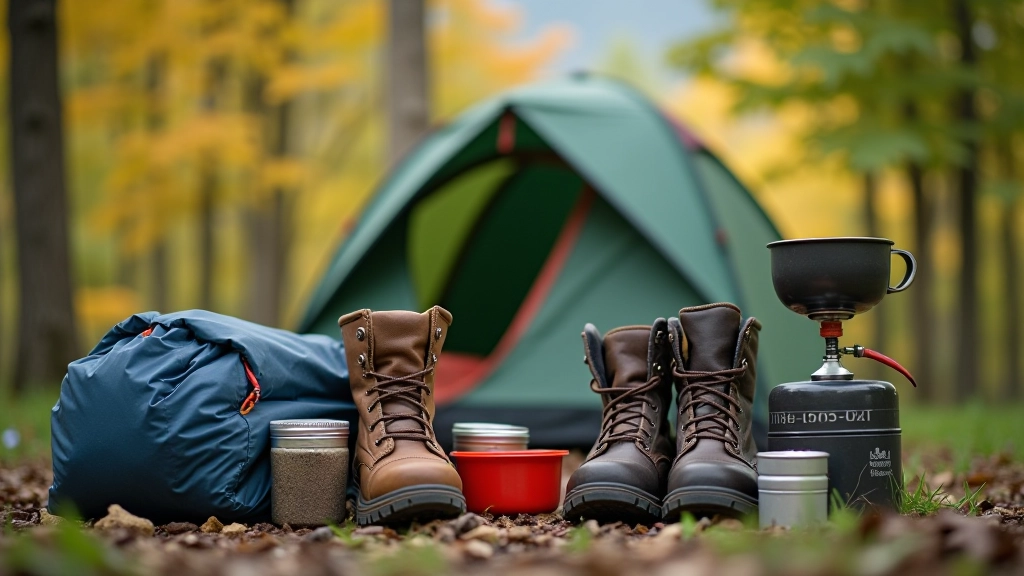 Organized backpacking gear laid out on ground including tent, sleeping bag, cooking equipment, and food supplies