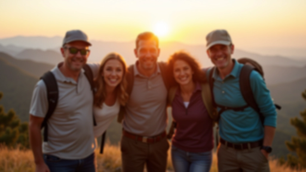 Group of adult hikers aged 45-60 standing together at mountain summit viewpoint during golden hour with expansive valley landscape behind them