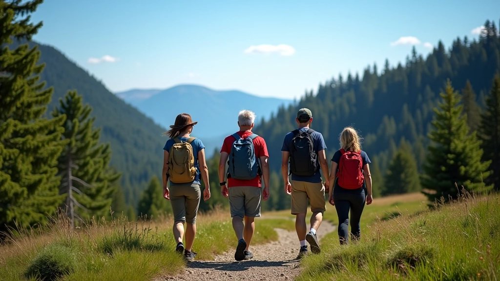 Group of adult hikers aged 40-55 gathered on a scenic overlook enjoying conversation and views together