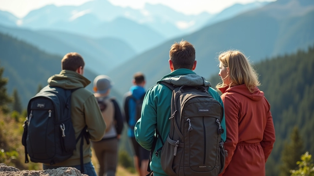 Group of hikers resting at scenic overlook with valley vista and distant mountains