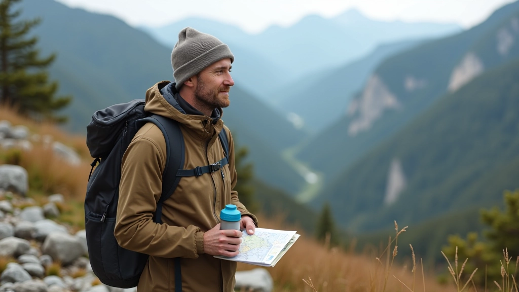 Hiker with proper gear including backpack, water bottle, hiking boots, and trail map on mountain path