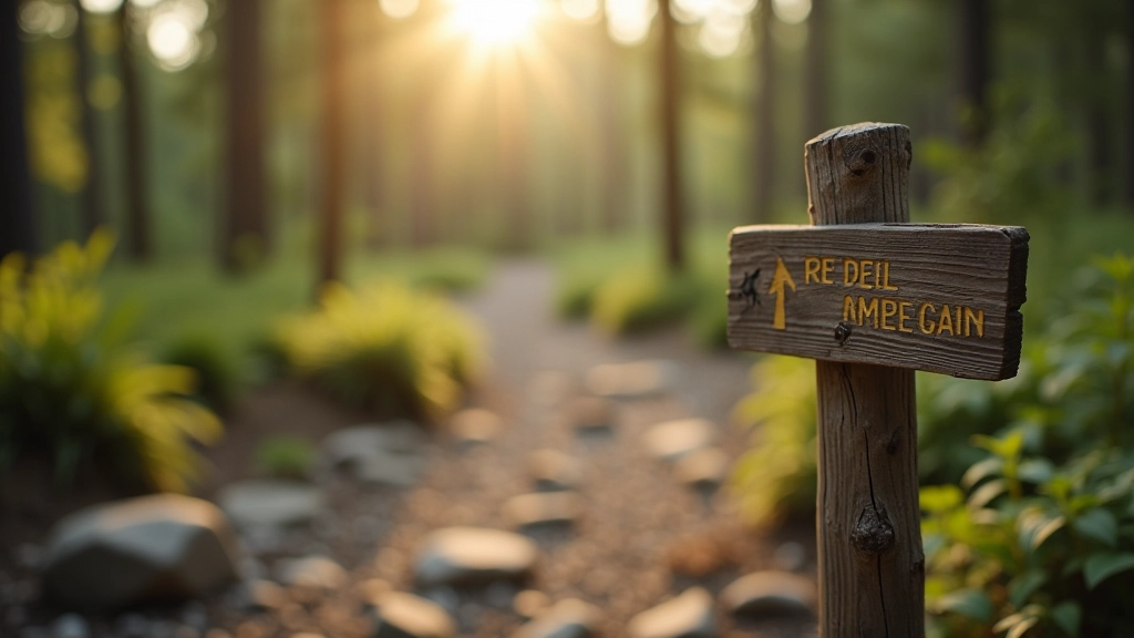 Close-up of hiking trail marker and map on a rocky trail with morning sunlight