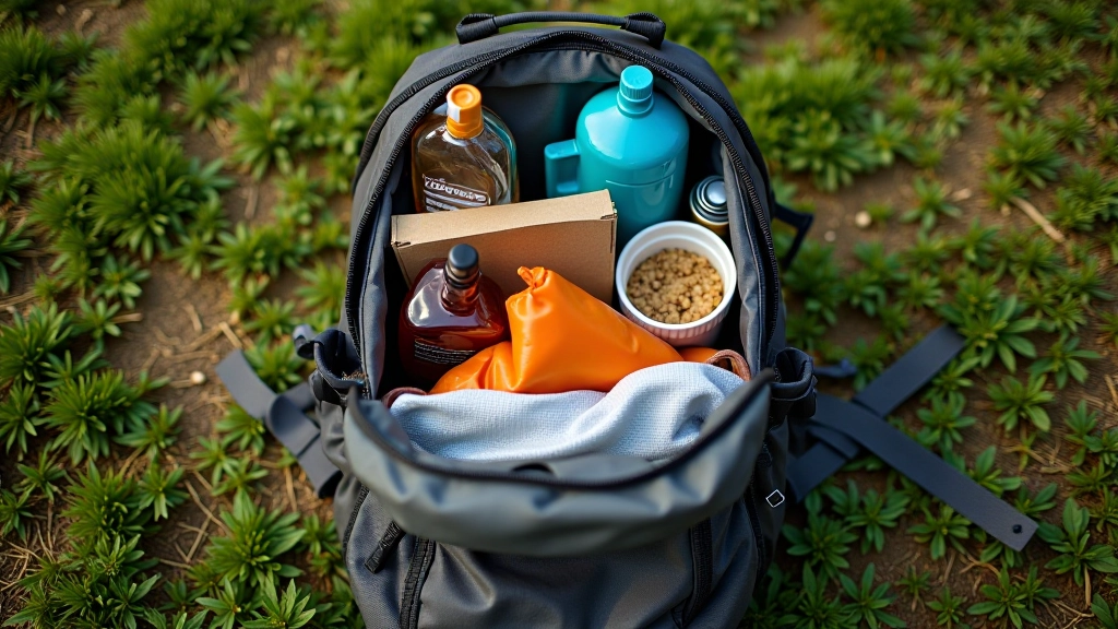 Overhead view of a packed 30-liter hiking backpack with gear organized inside showing water bottle, snacks, and emergency kit visible
