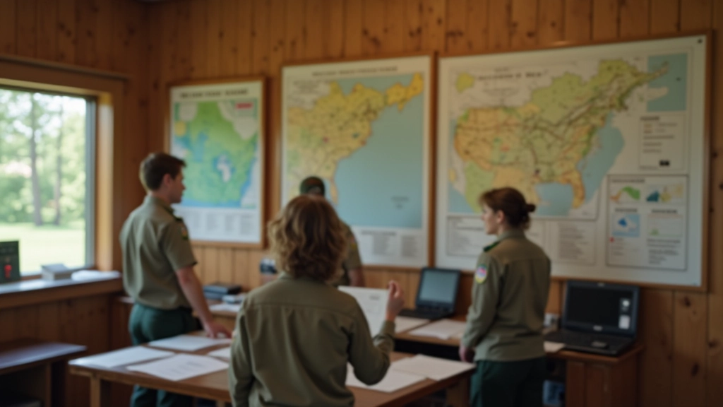 Ranger station information desk with hiking permits and park maps displayed