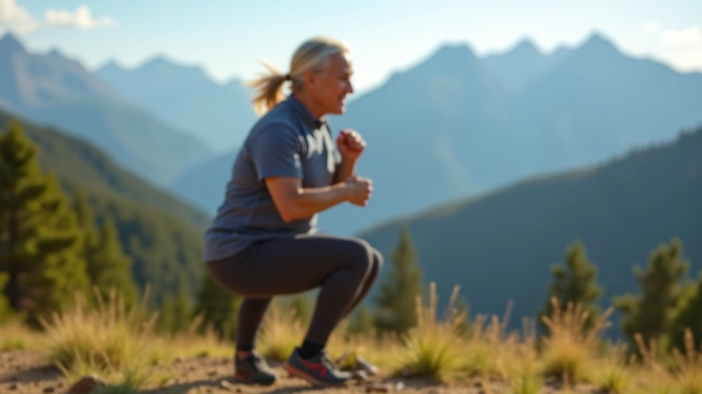 Person performing a squat exercise outdoors with mountains in the distant background