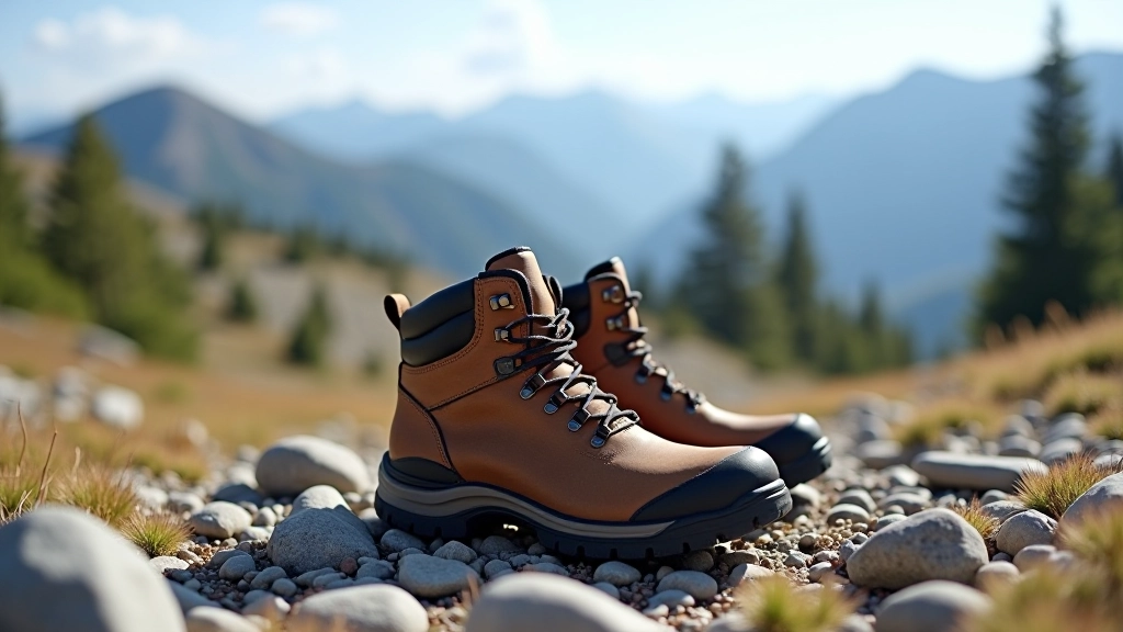 Detailed photograph of a pair of weathered hiking boots on rocky alpine terrain with mountain peaks visible in background