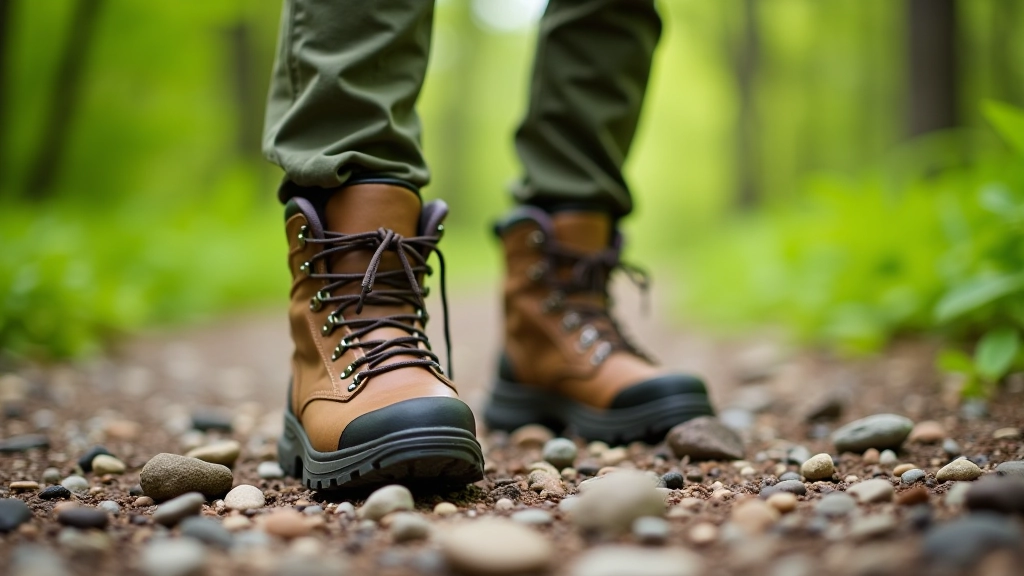 Close-up view of high-quality hiking boots on rocky mountain trail with lush green forest canopy above
