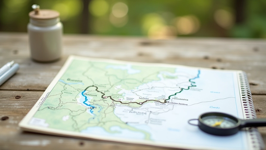 Detailed topographic hiking map with colored markers, compass, and notebook on wooden surface